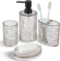Modern 4 Pcs Resin Bathroom Accessories Set: Soap Dispenser, Toothbrush Holder, Tumbler, Soap Dish, Unbreakable, Durable, Easy to Clean, Bark Pattern, Translucent Black