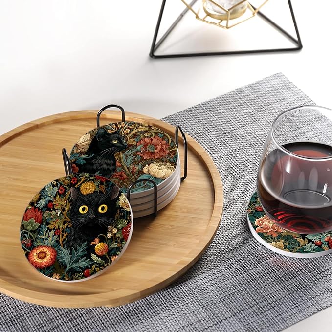 Vintage Absorbent Coasters with Holder Set of 6, Ceramic Stone with Cork Base, Black Cat Floral Design, Gift for Housewarming Room Bar Home Decor Kitchen