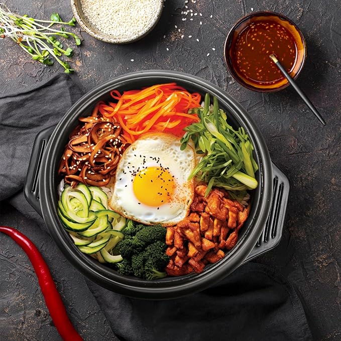 Korean Stone Bowl, Ceramic Korean Cooking Stone Pot Set with Tray, 37 Oz Dolsot Bibimbap Sizzling Hot Pot Soup Cookware for Korean Restaurants, Rice, Soup, Noodle
