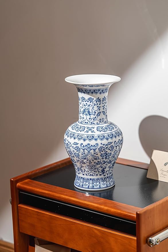 Vintage Blue and White Porcelain Vase, Chinoiserie Ginger Jar Vase for Home Decor, Flower Vase for Tabletop, 12" H