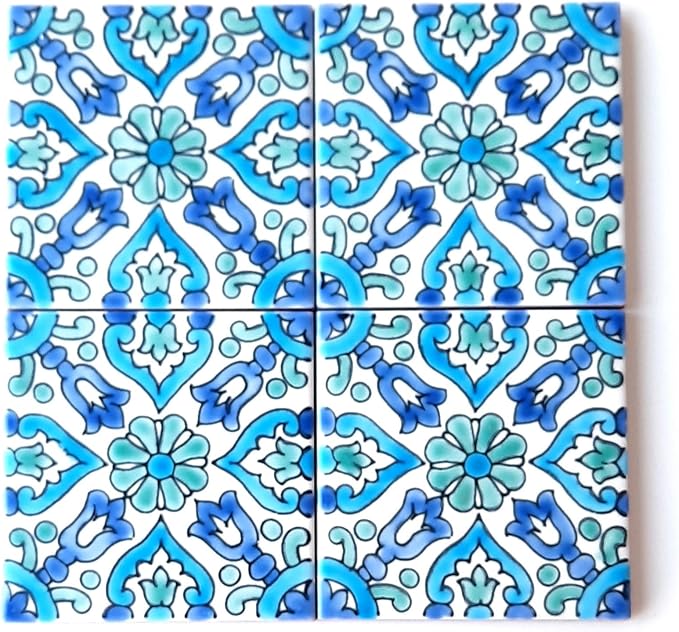 DŸARI Decorative Ceramic Tiles – Hand Painted Indoor & Outdoor Floor Tiles – Spanish Artisan Tile Top Kitchen – Mediterranean Decorative Tiles 4” × 4” – Durable Colorful Floor Tiles – 140 g (Eau V 2)