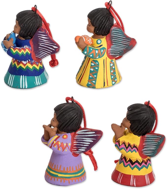NOVICA Artisan Handmade Ceramic Ornaments Unique Central American Set of 4 Assorted Guatemala Holiday Decor Christmas Angel [ 3.5in H x 2.4in W x 1.8in D Bag 7in L x 5.5in W] ' Angels' Set of 4