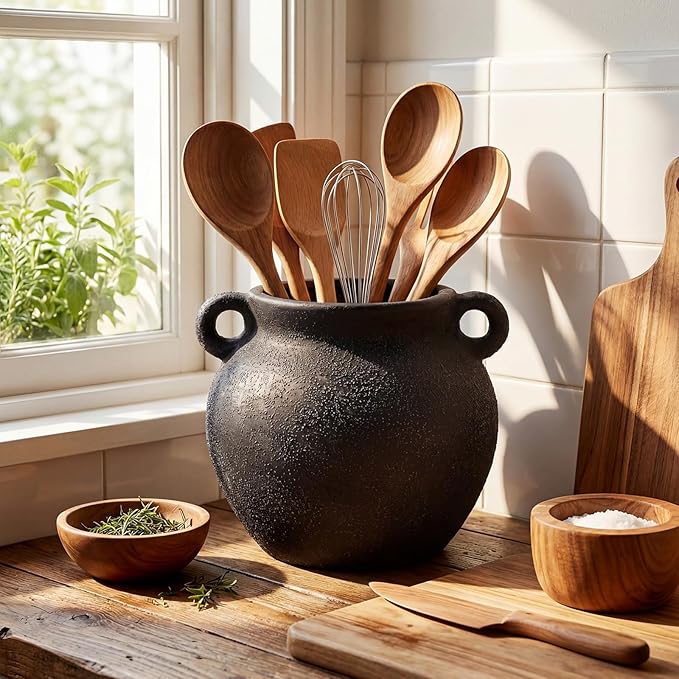 Qinyoung Rustic Kitchen Utensil Holder 6 Inch Small Ceramic Utensil Holder with Handle Vintage Crock Decoration Spatula Organizer for Kitchen Countertop Farmhouse Party Supplies(Black,Elegant)