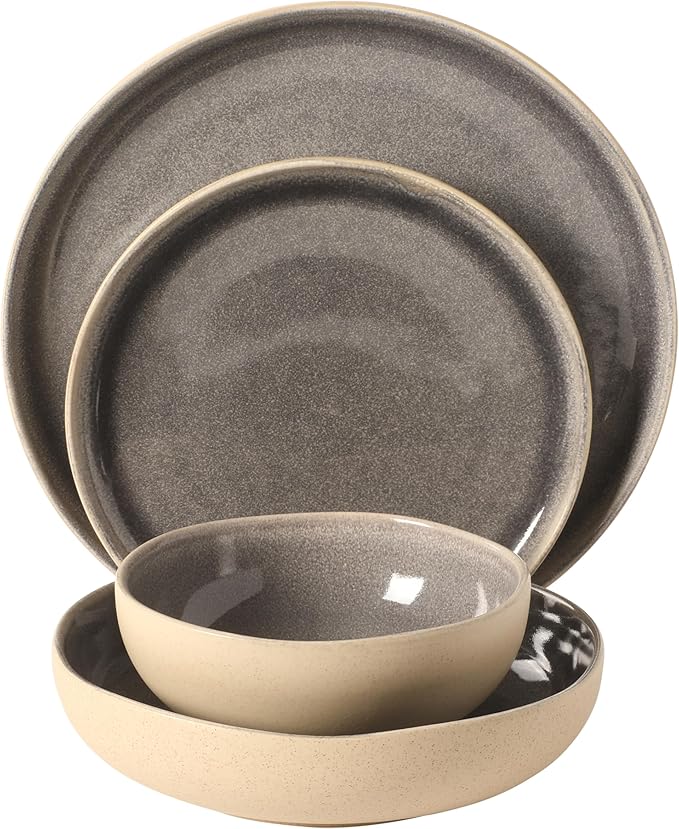 Gibson Elite Manila Bay 16-Piece Stoneware Dinnerware Set, Service for 4, Reactive Glaze Modern Artisan Plates, Bowls & Mugs, Assorted Colors, Round Design