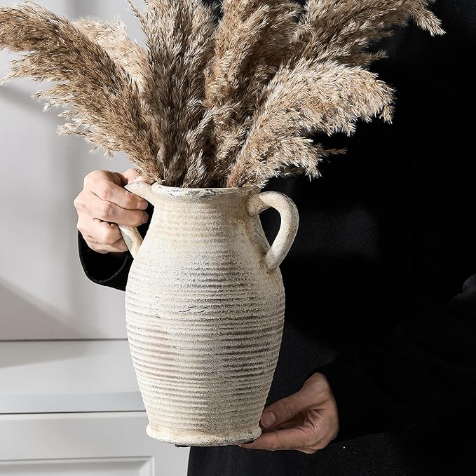 Emotionally Grounded Vase, Vaseking Large Ceramic Rustic Vase with 2 Handles, 9.8 inch Minimalist Decorative Farmhouse Tall Vases for Home Decor, Living Room, Enterway, Table Decoration, Gray