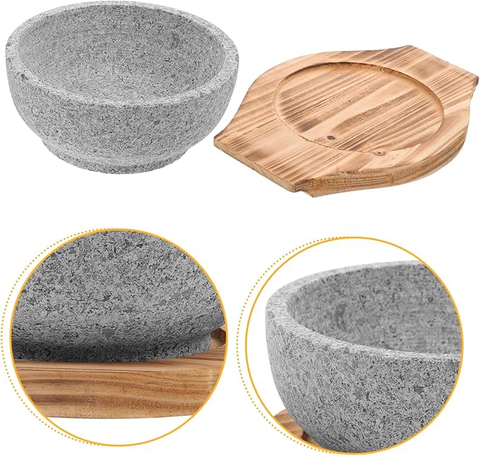 ABOOFAN Bibimbap Bowl Korean Stone Pot Large Bowl Multi-function Serving Portable Rice Natural Stone Carbonized Wood Pad