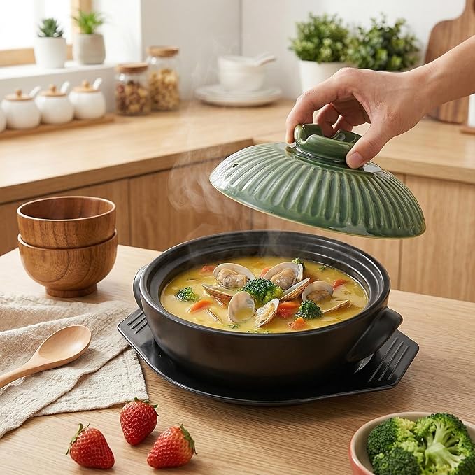 Okllen Large Korean Ceramic Bowl with Lid and Trivet, 54 oz Clay Pot for Cooking, Sizzling Hot Pot for Dolsot Bibimbap, Soup, Casserole, Rice, Stew, Noodle，Retro Green