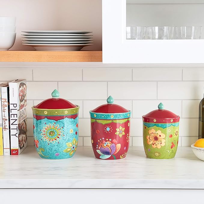 Tunisian Sunset 3-Piece Ceramic Canister Set – Colorful Floral Kitchen Storage Jars with Lids, Includes 104 oz., 72 oz., and 54 oz. Sizes for Flour, Sugar, Coffee & Dry Goods