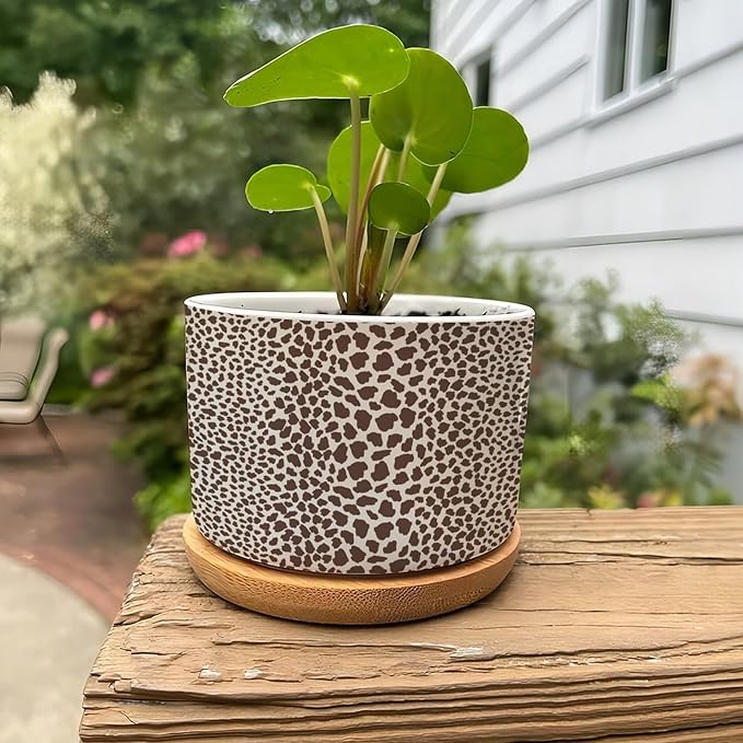 Brown Leopard Print Ceramic Planters African Animal Stripe Planters for Indoor Plants with Drainage Holes and Saucers Pot for Home Office Decoration