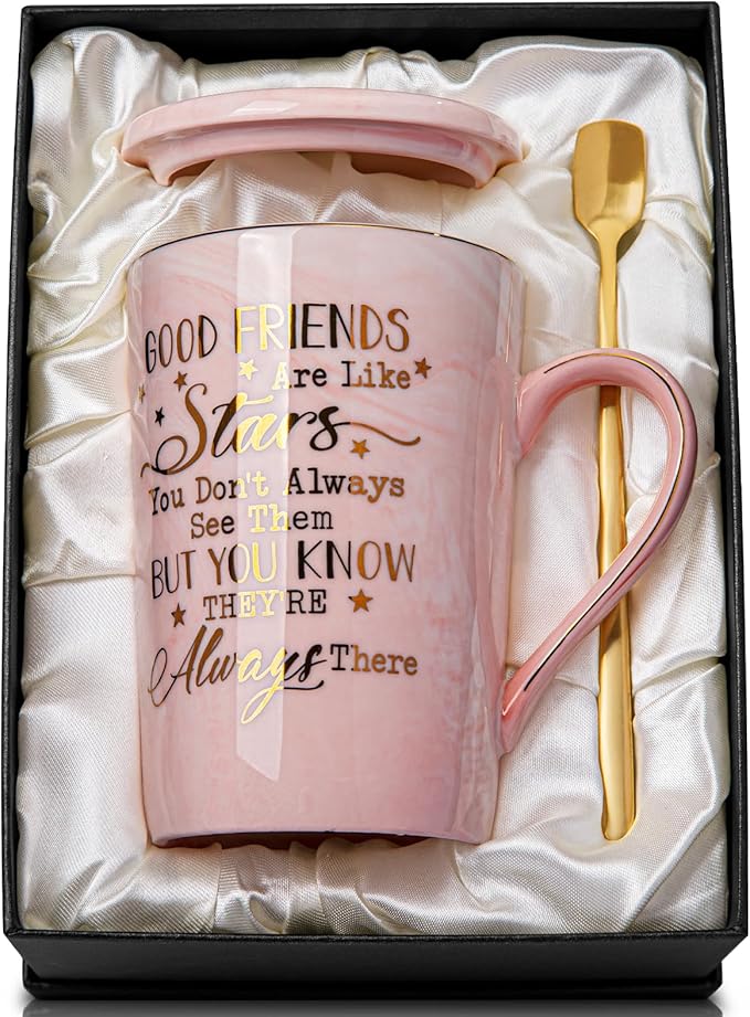 Best Friend Birthday Gifts for Women, Friendship Gifts for Women, Unique Birthday Valentines Day Gift Ideas for Her, Friends Female, Besties, BFF Ceramic Marble Coffee Mug Gift Box Printed Gold 14 oz