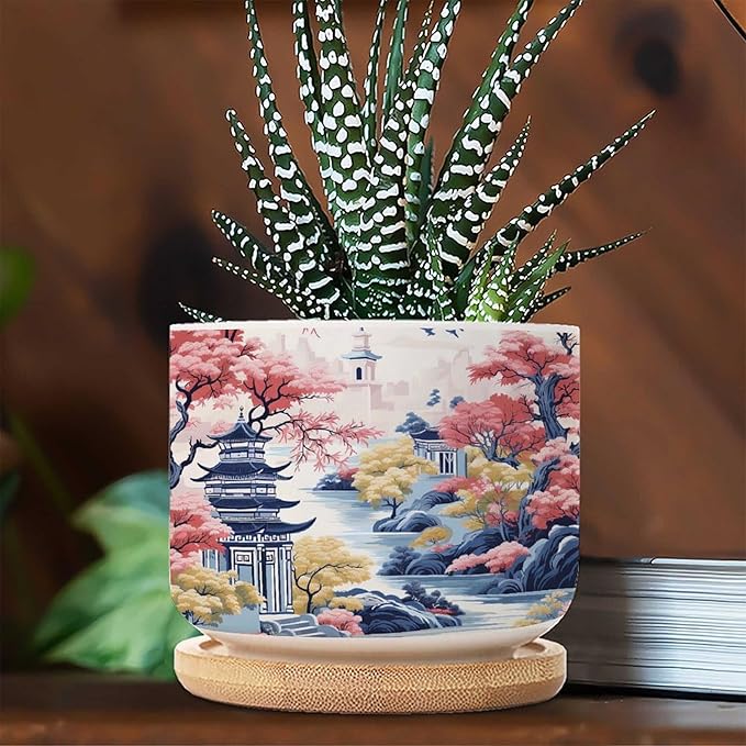 Blue Asia Tiered Tower Coral Pink Flower Small Planters for Succulents Set of 1 Chinoiserie Garden Scenery Ceramics Planters for Indoor Plants Chinoiserie Asian Succulents Plant Pot