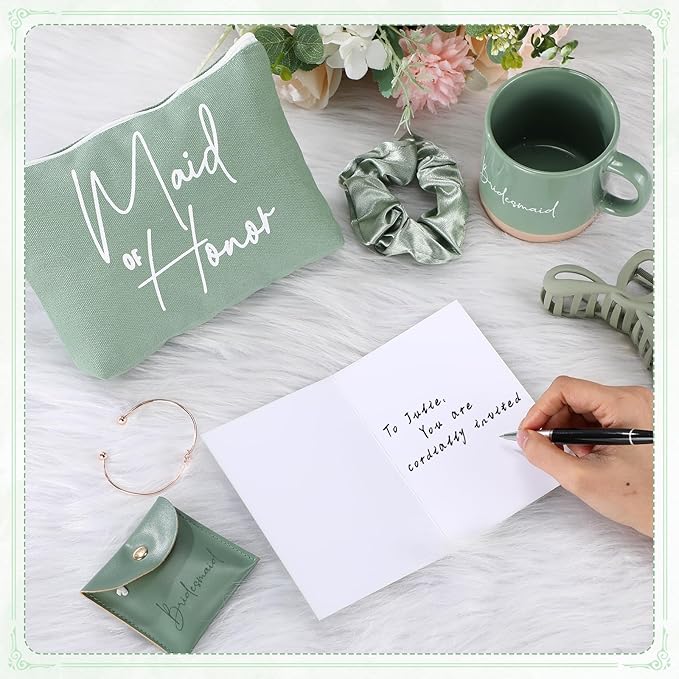 42 Pcs 6 Sets Wedding Favors Bridesmaid Proposal Gifts Maid of Honor Ceramic Coffee Cups Cosmetic Makeup Bags Invited Cards Scrunchies Knotted Bracelets Jewelry Bags Hair Claw Clips(Green)