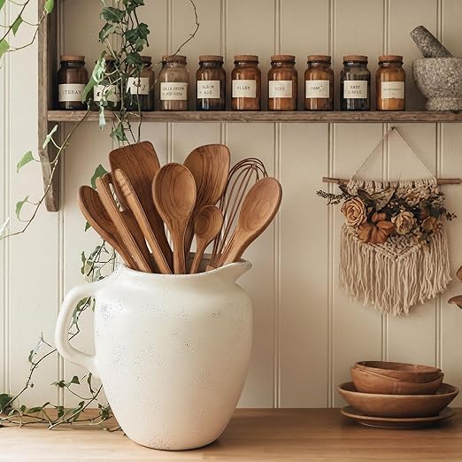 Rustic Kitchen Utensil Holder with Handle,7.48" H Ceramic Vintage Utensil Crock for Countertop, Farmhouse Kitchen Decoration Ceramic Pot for Spatulas Spoons Tongs(Novelty,Antique Cream)