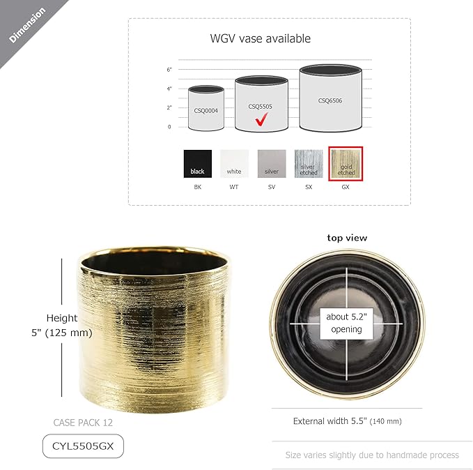 WGVI Gold Etched Ceramic Cylinder Vase Width 5.5" Height 5", Flower Arrangements, Candle Holder, Terrarium Planter Pot, Storage Container Organizer, Pen Brush Holder, Scratched Texture Design, 1 Pc