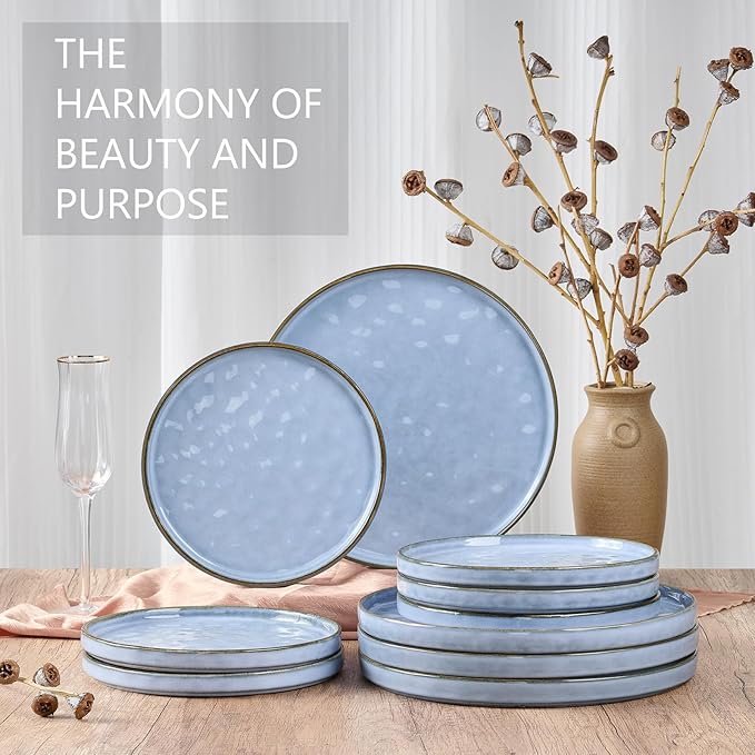 LIANYU Ceramic Dinner Plates Set for 4, 7.9In Porcelain Kitchen Salad Dessert Serving Dishes Set, Modern Round Stoneware Dinnerware Appetizer Plates, Scratch Resistant & Microwavable, Serenity Blue