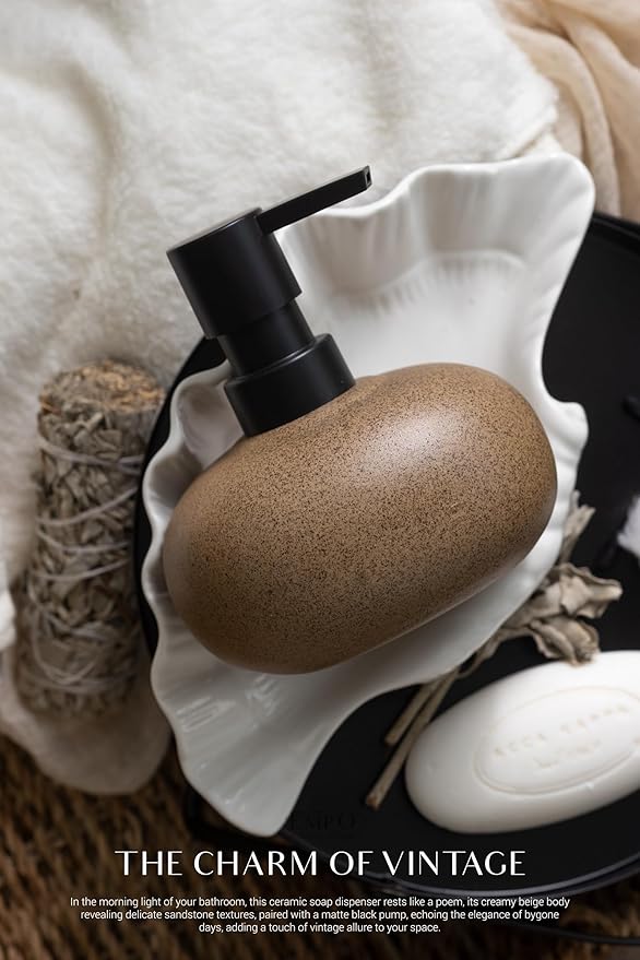 EMPO Stone-Textured Vintage Ceramic Dispenser, High-Color Rough Modern Zen Black ABS Press Bottle for Hand Soap, Shampoo, Conditioner for Bathroom and Kitchen (300ml/10.14oz)