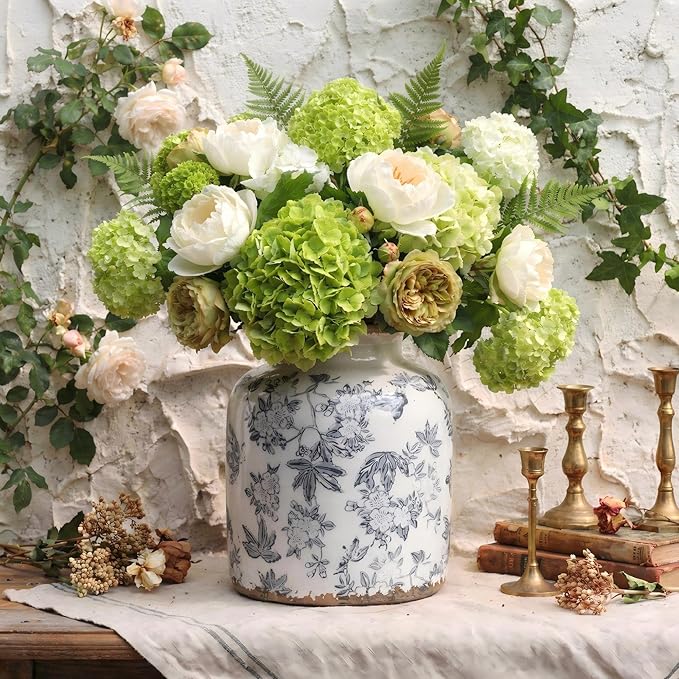 Gray Peach Blossom Chinoiserie Vase, 6.2” Crackle Glaze Ceramic Vase, Hand-Painted Vintage Floral Vase with Distressed Rim, Antique Style Decor for Bookshelf, Tabletop (Gray, 6.2”)