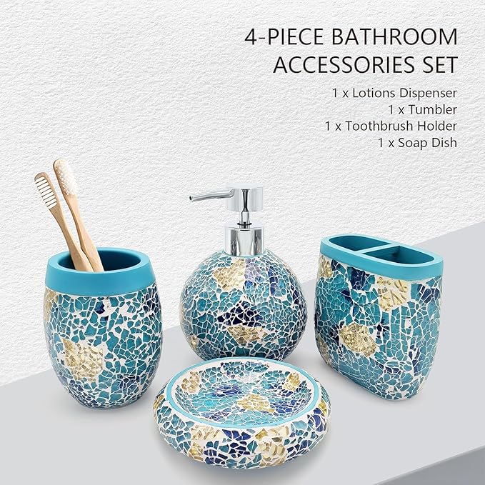 Handmade Blue Mosaic Glass Bathroom Accessory Sets 4PCS Bathroom Accessories Set Complete Includes Lotion Dispenser Toothbrush Holder Tumbler Cup & Soal Dish
