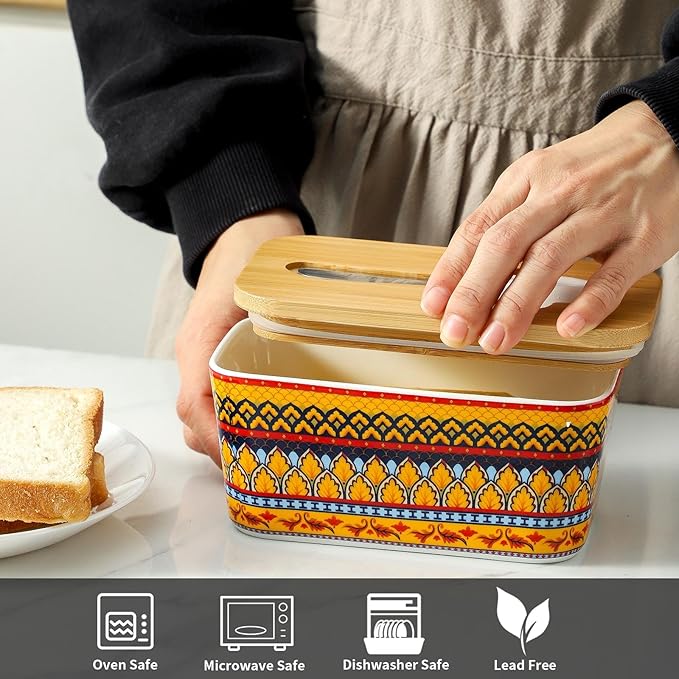 Hasense Butter Dish with Lid, Ceramic Butter Dish with Lid for countertop, Airtight Covered Butter Keeper with Bamboo lid and knife,Butter Holder for Counter, Golden Bloom