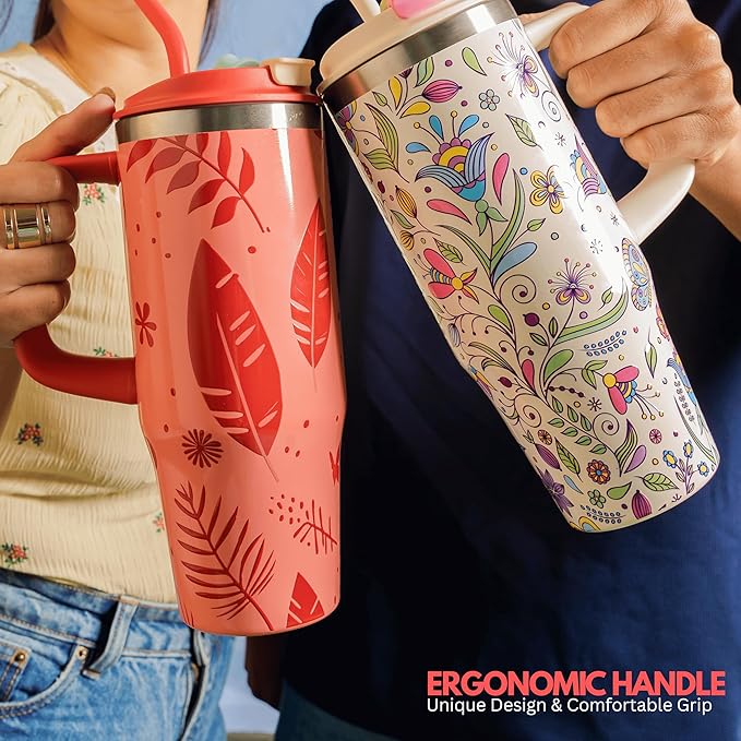 32 Oz Insulated Stainless Steel Tumbler with Handle and Straw lid | Limited Edition | Ceramic Lined Interior | Leak-proof | Travel Mug for Hot/Cold Drink | Carrying Bag Gift Noir-Oasis.