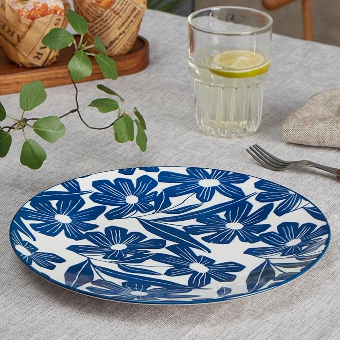 ONEMORE Dinner Plates Set of 4, 10.5 Inch Porcelain Plate, Blue and White Salad Dessert Plates, Microwave & Dishwasher Safe Scratch Resistant Large Serving Dish Plate
