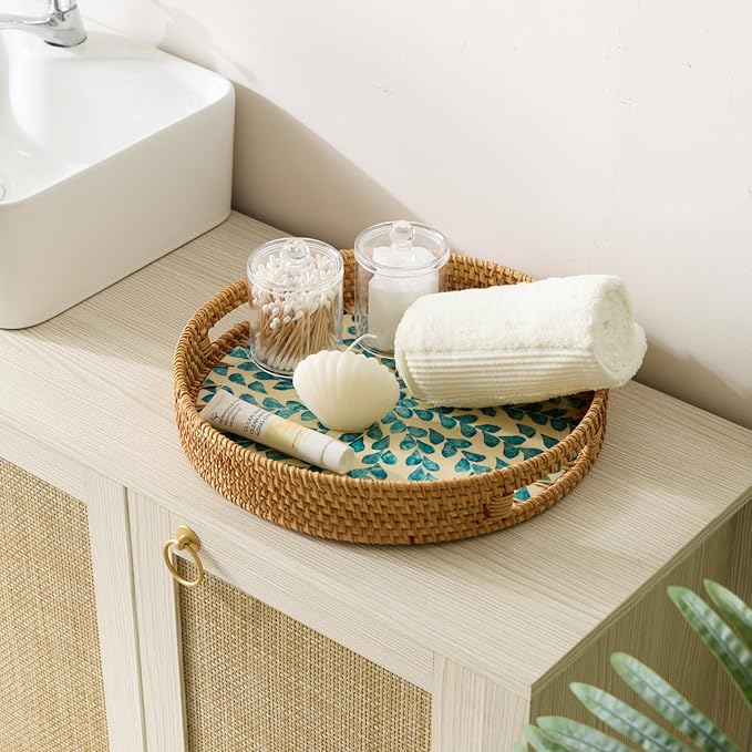 YANGQIHOME Round Rattan Tray with Handle, Mother of Pearl Inlay Decorative Wicker Basket for Coffee, Bread, Fruits, Serving Tray for Home Decor, Blue Clover