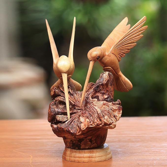 NOVICA Artisan Crafted Handcarved Wood Sculpture | Hummingbird Figurine Decor | Sustainable Animal Themed | Benalu & Jempinis Wood | NAT Geo Decoration | Indonesia ' Hummingbird Couple' 7.5" H x 6" W