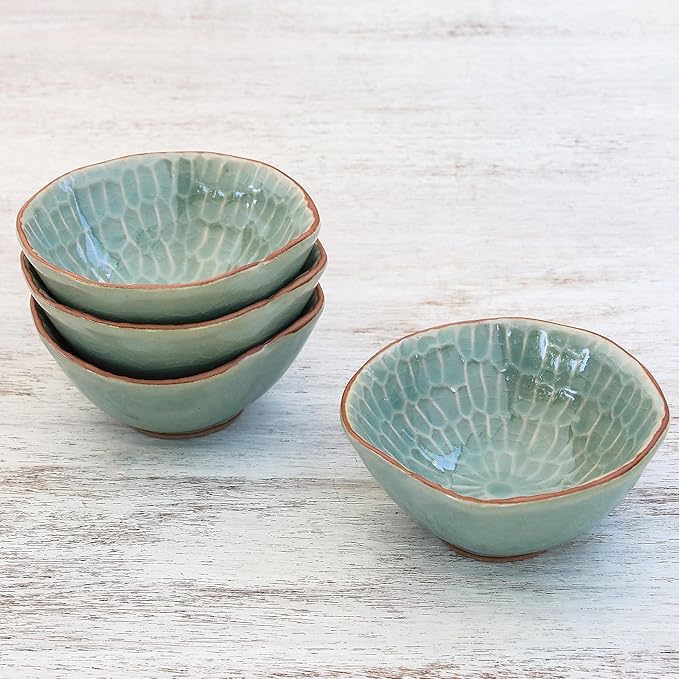 NOVICA Artisan Handmade Celadon Ceramic Appetizer Bowls from Thailand Set of 4 Green Tableware Serveware Dishes East Meets West [ 1.8in H x 3.9in W x 3.9in D 3 Oz.] ' Sunflower Dream' Set of 4