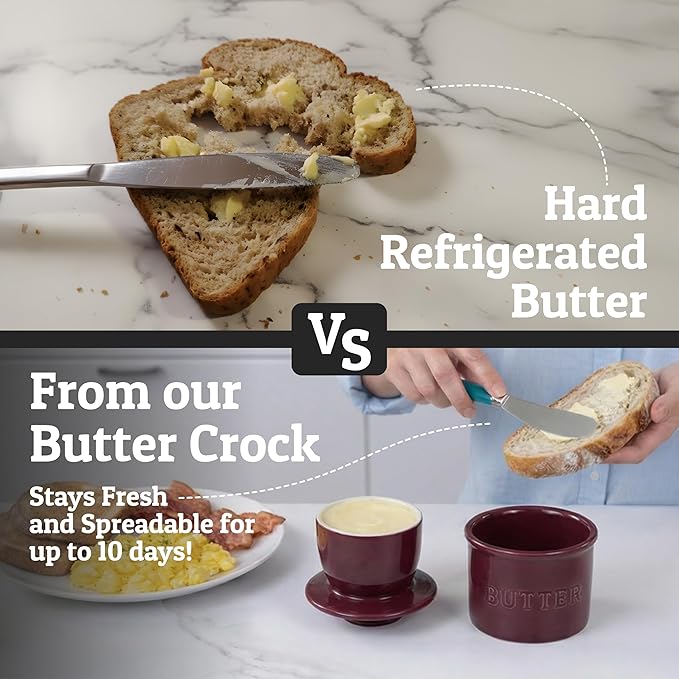 PriorityChef Butter Crock with Lid with Water Line,Ceramic French Butter Dish to Leave On Counter, Maroon