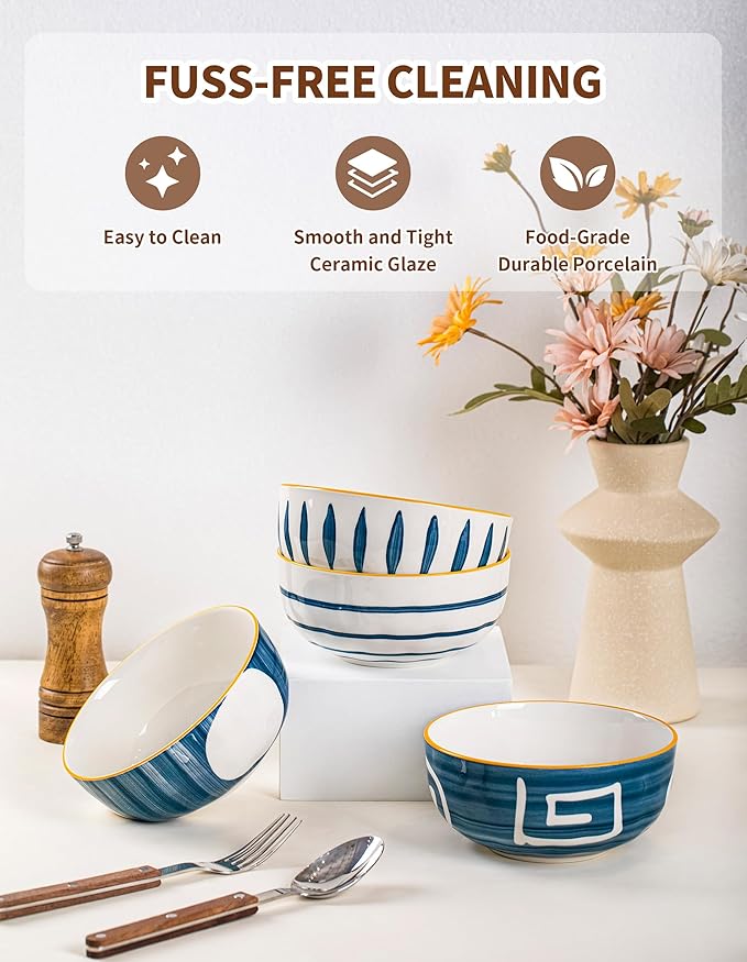 Yeacccng Japandi Cereal Bowls Set of 4, 6 Inch 27 Oz Blue Striped Ceramic Soup Bowls, Lead-Free Cadmium-Free, Dishwasher Microwave Oven Safe, Scratch-Resistant Serving Bowls