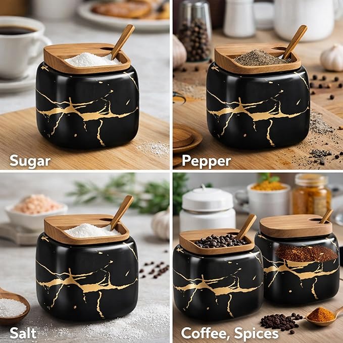 Marble Ceramics Sugar Bowl Ceramic Seasoning Box Ceramic Spice Jars Porcelain Condiment Pots with Lid and Spoon (Black)