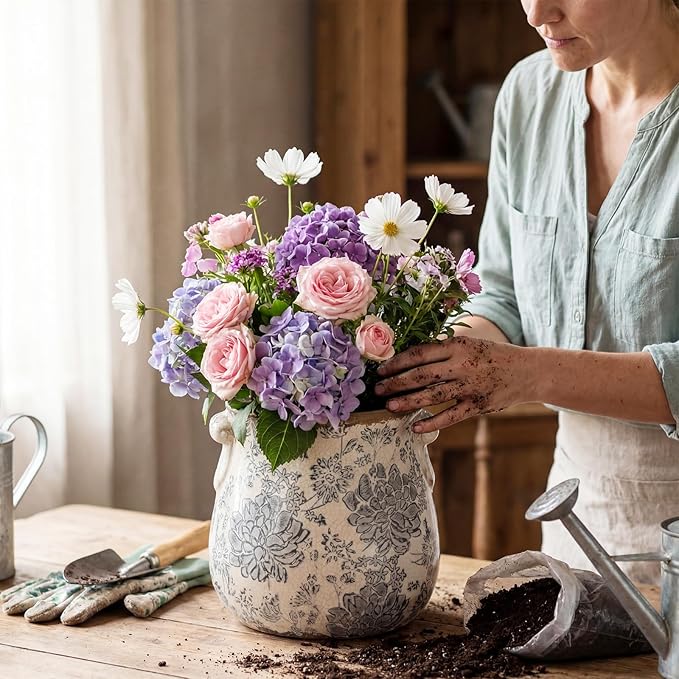 Ceramic Scroll Planter 6.5 Inch Chinoiserie Floral Vase with Drainage Holes Vintage Flower Vase Flower Pot Rustic Ceramic Pots for Indoor Plants Garden Home Bookshelf Decor(Gray)