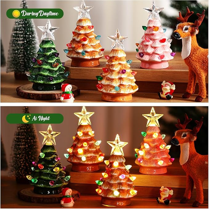 Leinuosen 6 Set Mini 4 Inch Ceramic Christmas Tree with Multicolored Lights Xmas Tree Hanging Light up Ornaments Pre Lit Hand Painted for Tabletop Home Office Table Holiday Decorations(Khaki,Star)