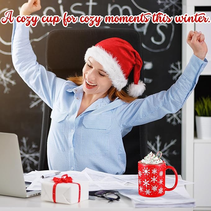 Sliner 2 Sets Red Christmas Snowflake Mugs 11 oz Winter Ceramic Coffee Cups Gift Holiday Ceramic Tea Cup Xmas Birthday Gifts for Men Women