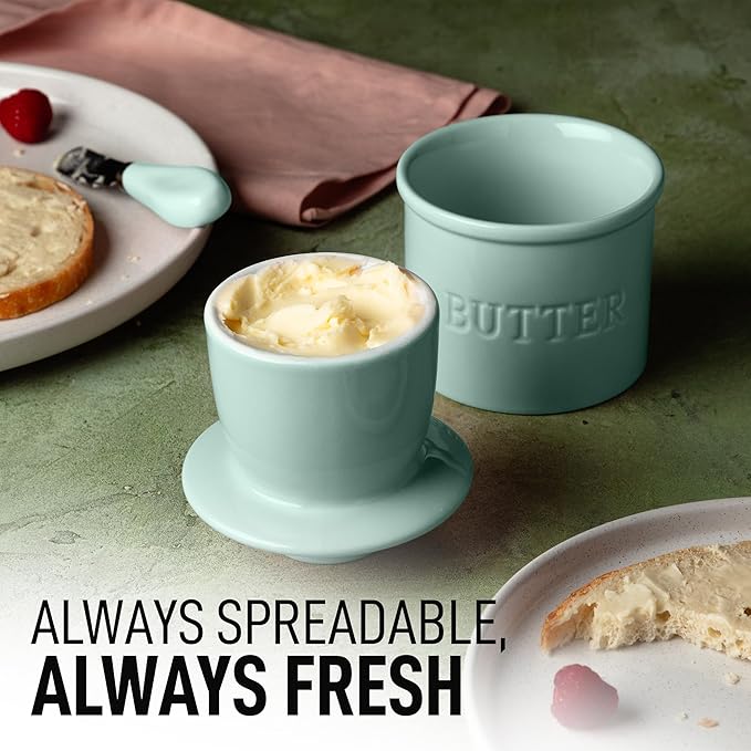 Zulay Kitchen Bell Shaped Butter Crock with Lid for Countertop with Water Line & Spreader Knife, Ceramic French Butter Dish Keeper For Fresh, Soft & Spreadable Butter - Mint