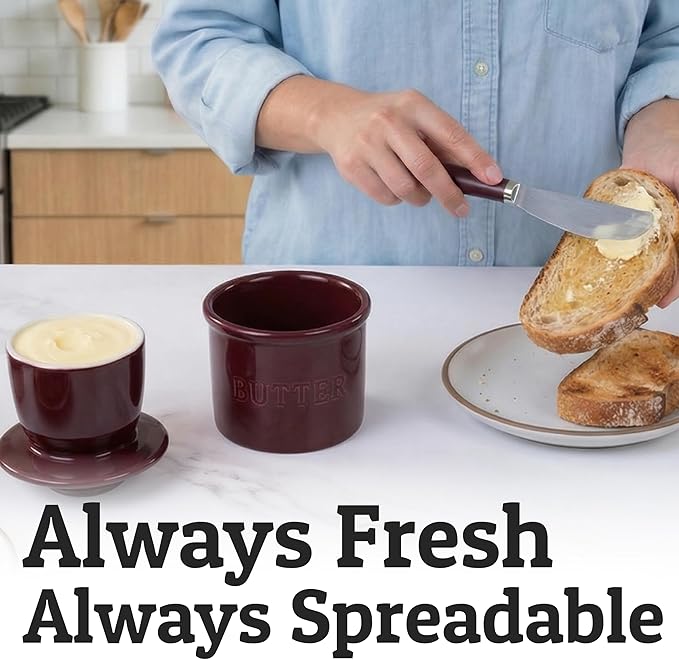 PriorityChef Butter Crock with Lid with Water Line,Ceramic French Butter Dish to Leave On Counter, Maroon
