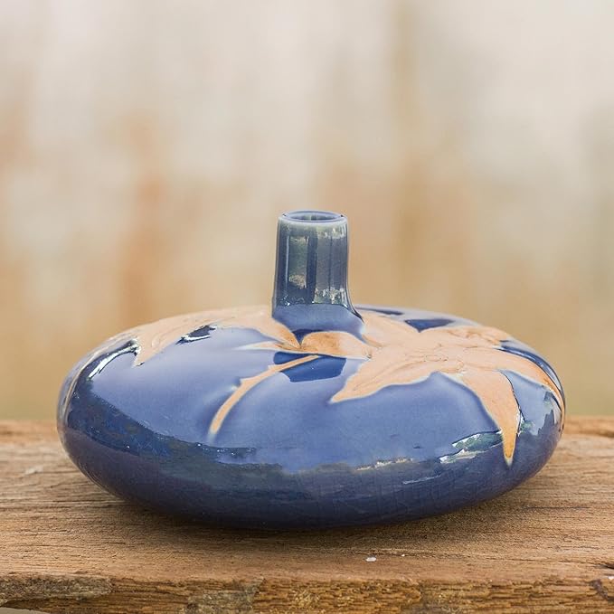 NOVICA Floral Ceramic Vase, Blue 'Blue Valley Lily'