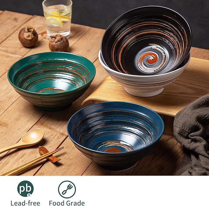 YUN TAO Ceramic Ramen Bowls Set of 4, 35 oz Large Japanese Style Serving Bowls for Salad,Udon, Soba, Pho,Pasta, Asian Soup Noodle,Suitable as Housewarming Gifts