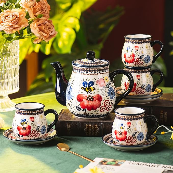 polish pottery style porcelain ceramic 10 piece Tea set,7.2oz tea cup and sauce set of 4,28.2oz teapot and 1wooden tray (Honey Bee Flower)