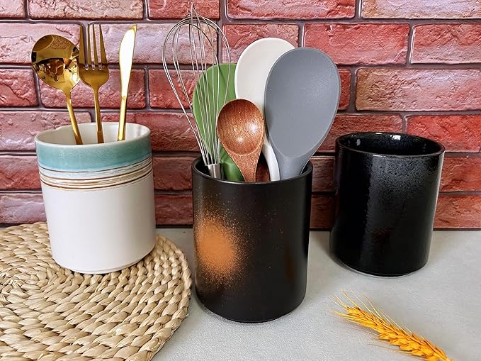 Short Kitchen Utensil Holder for Kitchen Counter, Ceramic Small Utensil Crock & Vase & Holder for Cutlery Spatula Brush Silverware Cooking Utensil Holder (Firework Orange )