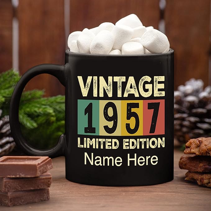 PREZZY Vintage 1957 Limited Edition 66th Birthday Decorations Personalized Gifts for Women Men Mothers Day Fathers Day Gift 66 Year Old Birthday Mug Customized Name Ceramic Black Tea Cup 11oz 15oz