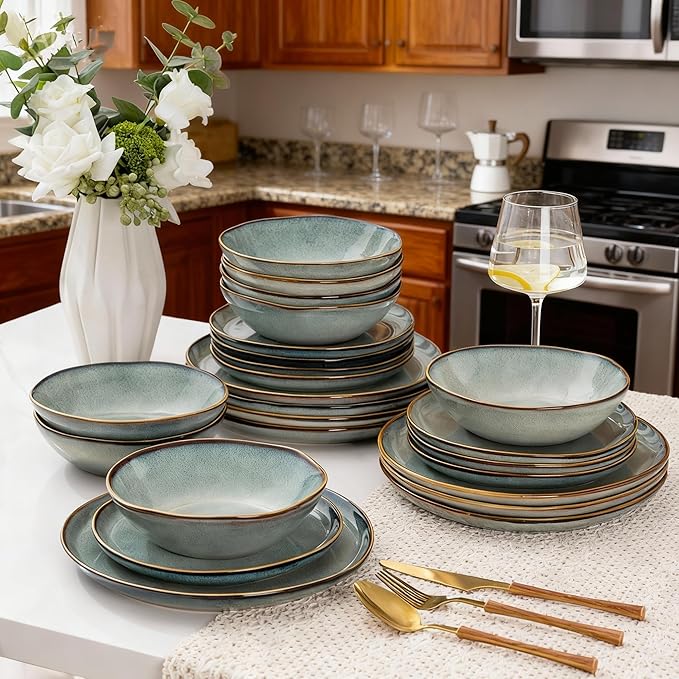 AmorArc Ceramic Dinnerware Sets,Handmade Reactive Glaze Stoneware Plates and Bowls Sets,Highly Scratch Resistant | Dishwasher & Microwave Safe Dishes Set,Service for 8 (24pc)