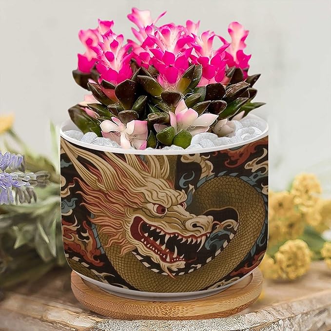 Antique Chinoiserie Dragon Ceramics Pots for Plants Set of 3 Dragon Gold Oriental Style Asian Flower Pot Planter with Drainage Bamboo Trays Chinoiserie Small Ceramics Plant Pot
