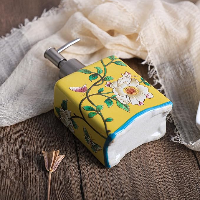Ceramic Soap Dispenser, Lotion Bottle, Soap Bottle with Removable Pump, Flower Pattern Dispenser for Kitchen Soap, Bathroom Soap, Lotion and Essential Oil-Yellow-13 OZ