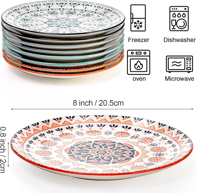 Foraineam 8 Pieces 8 Inch Round Porcelain Salad Plates, Decorative Appetizer Plates Dessert Dishes, Colorful Floral Serving Dishes for Luncheon, Steak, Fruit, Snack, Microwave and Dishwasher Safe