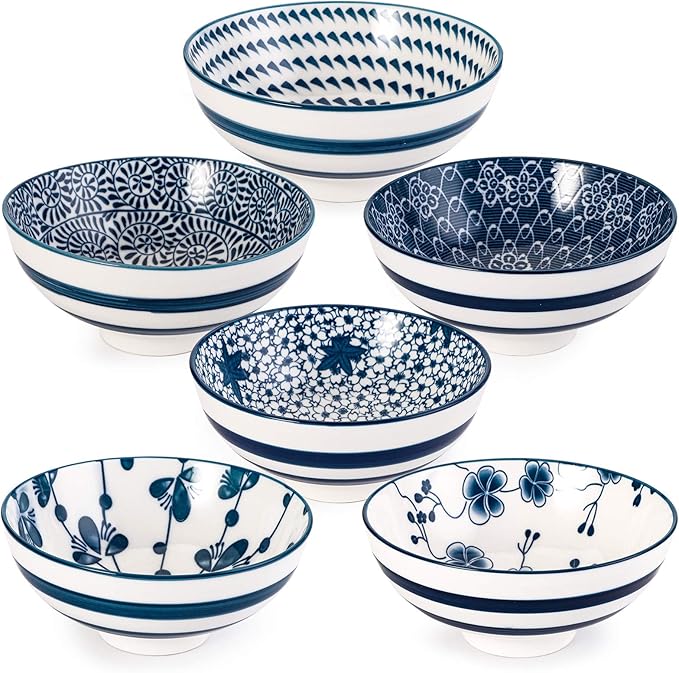 Foraineam 6 Pieces Blue and White Floral Rice Bowl Set 8 oz Japanese Style Cereal Bowls, Assorted Designs