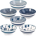 Foraineam 6 Pieces Blue and White Floral Rice Bowl Set 8 oz Japanese Style Cereal Bowls, Assorted Designs