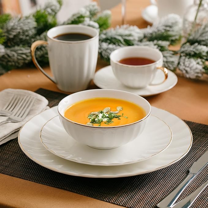 BTaT- White Dessert Plates, Set of 6, 8 inch, White Porcelain with Gold Trim, Small Plate, Small Appetizer Plates