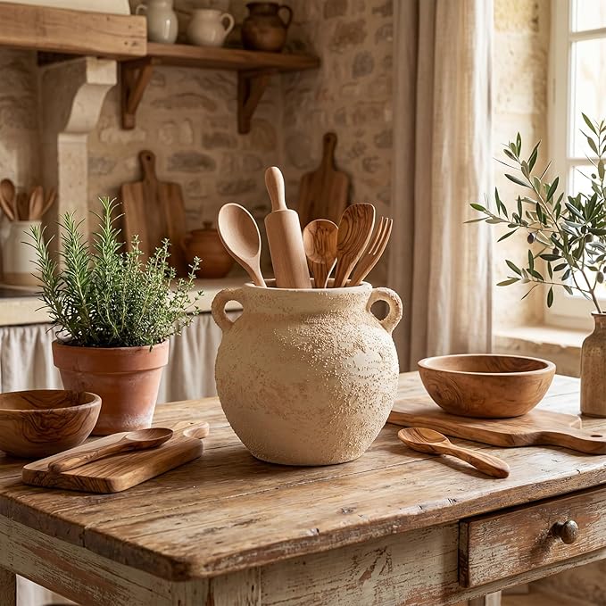 Qinyoung Rustic Kitchen Utensil Holder 6 Inch Small Ceramic Utensil Holder with Handle Vintage Crock Decoration Spatula Organizer for Kitchen Countertop Farmhouse Party Supplies(White,Elegant)