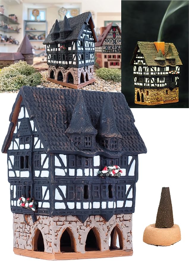 Ceramic Houses and Villages Collection - Handmade Miniature House of The Original Town Hall in Alsfeld, Germany. Cone Incense Holder Decor Collectible Mini Clay House